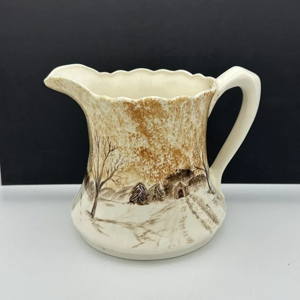 Hand Painted Ceramic‎ Water Pitcher Winter Cabin Barn Windmill SIGNED VTG 1979